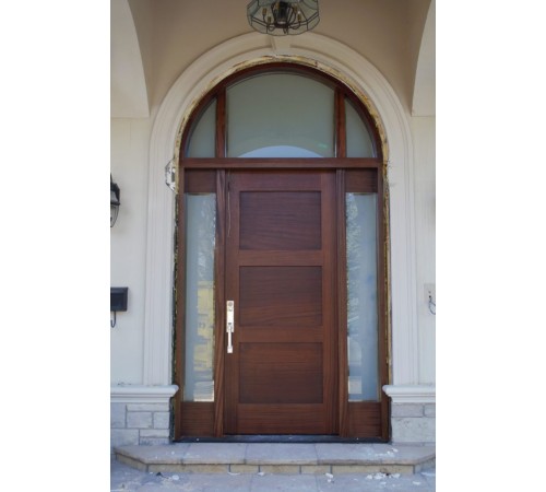 3 panel door with curved transom and sidelight